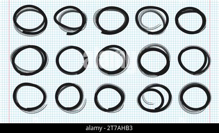 Hand drawn circles line sketch set on notebook pages. Doodle graffiti illustration. Drawing circular scribble doodle round circles. Stock Vector