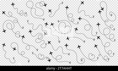 Travel concept from start point and dotted line tracing. Airplane or aeroplane routes path set. Aircraft tracking, plane path, travel, map pins, locat Stock Vector