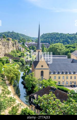 Neumünster Abbey and River Alzette from Chemin de la Corniche, Grund Quartier, City of Luxembourg, Luxembourg Stock Photo