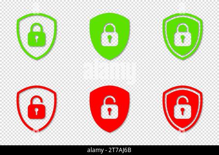 Set of Shield Lock and Unlock Icon with shadow. Symbol padlock. Vector sign Illustration. Stock Vector