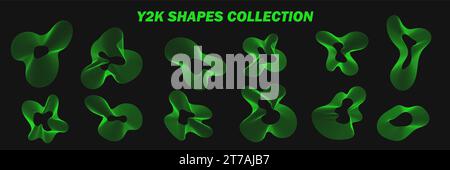 Abstract wireframes, cyberpunk elements and perspective green grids and spheres. Surreal geometric retro futuristic set. Psychedelic y2k shapes. Rave Stock Vector