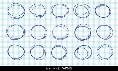 Hand drawn pen circles line sketch set on notebook pages. Drawing blue pen circular scribble doodle round circles. Vector illustration. Stock Vector
