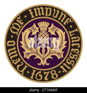 Old Scottish design. Thistle flower and leaves and the royal Scottish motto - No one will touch me with impunity in Latin Stock Vector