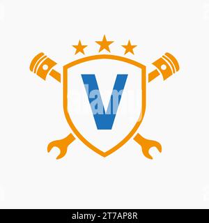 Repair Logo On Letter V Vector Template. Automotive Mechanic Symbol Stock Vector