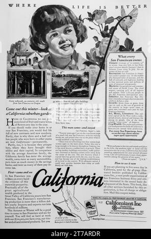 1927 California. Where life is better ad. Relocate to San Francisco advertising page. Californians Inc. Stock Photo