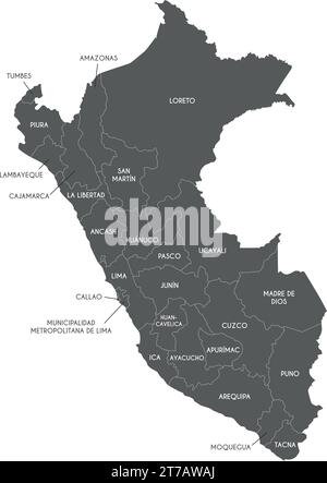 Vector map of Peru with departments, provinces and administrative divisions. Editable and clearly labeled layers. Stock Vector