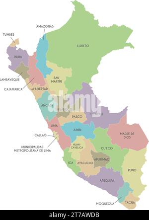 Vector map of Peru with departments, provinces and administrative divisions. Editable and clearly labeled layers. Stock Vector