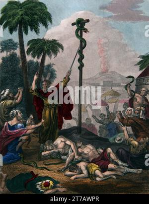 Bible Illustration Of The Brazen Serpent  - Moses holding the Serpent so the Israelites who saw it were protected from dying from the fiery Serpents ( Stock Photo