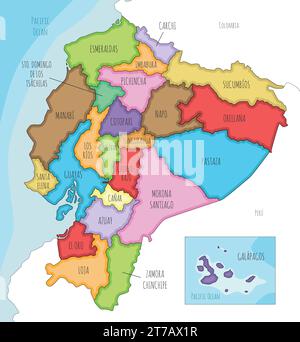 Vector illustrated map of Ecuador with provinces and administrative divisions, and neighbouring countries. Editable and clearly labeled layers. Stock Vector