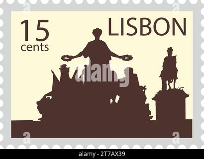Postal stamp with ARCO DA RUA AUGUSTA famous landmark of LISBON, PORTUGAL Stock Vector