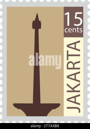 Postal stamp with NATIONAL MONUMENT famous landmark of JAKARTA, INDONESIA Stock Vector