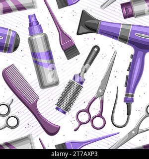 Vector Hair Salon Seamless Pattern, repeat background with illustrations of hair stylist accessories for textile, decorative square poster with flying Stock Vector