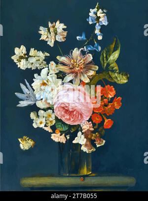 Still life of roses, peonies and passion flowers in a glass vase on a stone ledge with a ladybird and a butterfly – 'Carstian Luyckx' Stock Vector