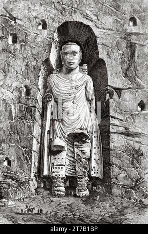 The Buddhas of Bamiyan, 6th-century monumental statues carved into the side of a cliff in the Bamyan valley of central Afghanistan. Old illustration from La Nature 1887 Stock Photo