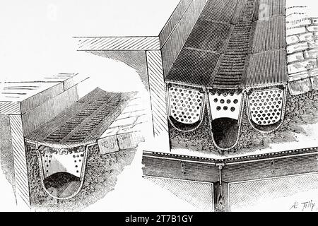 Snow melting systems. Steam distribution pipes for snow melting in New York, project by Locke, 1887. USA. Old illustration from La Nature 1887 Stock Photo