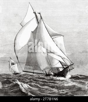 Race across the Atlantic Ocean. The two American yachts, Coronet and Dauntless, in the middle of the Atlantic transatlantic race. Old illustration from La Nature 1887 Stock Photo