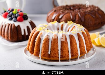 Variety of homemade bundt cakes and loaf cakes ready to eat Stock Photo