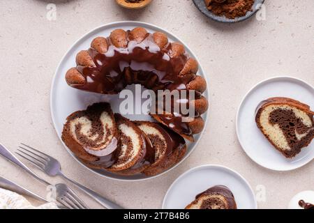 Marbled bundt cake sliced on a plate, chocolate and vanilla cake Stock Photo