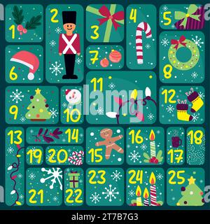 Green christmas advent calendar with different objects Vector Stock Vector