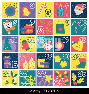 Colored advent calendar with different christmas objects Vector Stock Vector