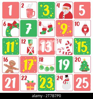 Colored christmas advent calendar with different traditional objects Vector Stock Vector