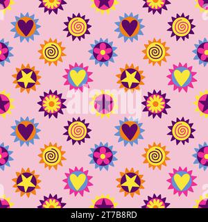 Groovy Retro Sunburst Shapes on Pink Seamless Pattern Design Stock Photo