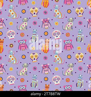 Day of the Dead Animal Alebrijes on Purple Seamless Pattern Design Stock Photo