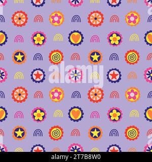 Groovy Retro Shapes on Purple Seamless Pattern Design Stock Photo