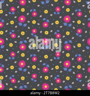 Stylized Yellow and Fuchsia Pink Daisy Flowers on Gray Seamless Pattern Design Stock Photo