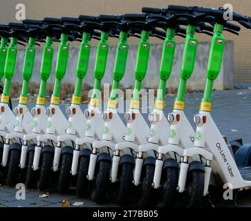 Berlin, Germany. 13th Nov, 2023. 13.11.2023, Berlin. E-scooters park neatly in a row on a specially designated parking space at the Free University (FU) in Dahlem. Credit: Wolfram Steinberg/dpa Credit: Wolfram Steinberg/dpa/Alamy Live News Stock Photo