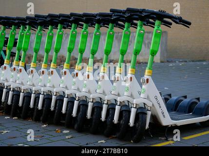 Berlin, Germany. 13th Nov, 2023. 13.11.2023, Berlin. E-scooters park neatly in a row on a specially designated parking space at the Free University (FU) in Dahlem. Credit: Wolfram Steinberg/dpa Credit: Wolfram Steinberg/dpa/Alamy Live News Stock Photo