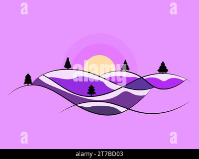 Winter landscape with snowy hills and fir trees. Landscape in line art style. Mountain sunrise in a minimalist style. View of the snowy hills. Design Stock Vector