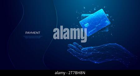 Abstract hand-holding bank card hologram on technology dark background Stock Vector