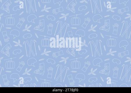 ski seamless pattern with cable car, fir twigs and ski helmet, boots, gloves and poles icons- vector illustration Stock Vector