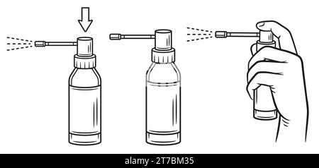 Medical spray for sore throat, use pharmacy mouth hygiene sprayer bottle, liquid aerosol medicine line icon set. Press hand on antiseptic. Vector Stock Vector