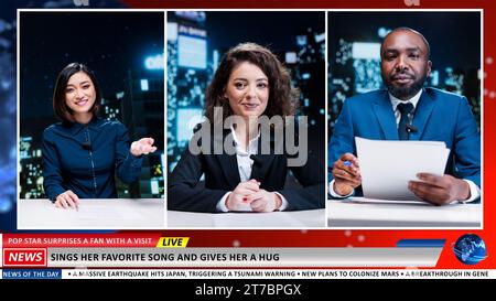 Expert show colleagues on connection discussing about pop star doing surprise for fan, sweet gesture. Host and guests talking about entertainment events, musical artist surprising supporter. Stock Photo