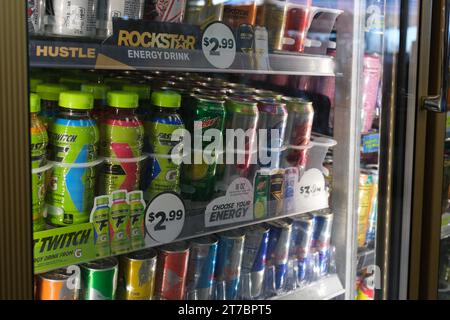 Energy drinks in a store refrigerator Stock Photo