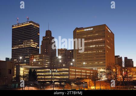 Winston-Salem, North Carolina, NC, skyline at night. Winston Tower and Reynolds Amerian buildings. Stock Photo