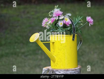 Digital Oil Painting of yellow watering can filled with violet flowers sitting on tree stump Stock Photo
