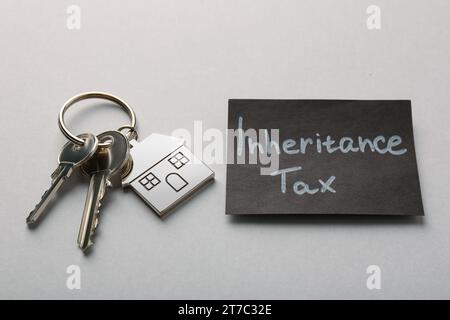 Card with phrase Inheritance Tax and keys with house shaped key chain on grey background Stock Photo