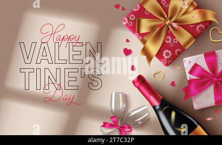 Happy valentine's day text vector design. Valentine's day greeting card with gift box surprise, wine bottle and glass for romantic dinner date concept Stock Vector