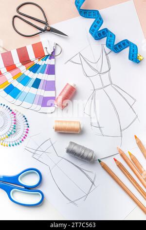 Top view tailoring set with fabric samples Stock Photo