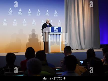 San Francisco. 13th Nov, 2023. U.S. Treasury Secretary Janet Yellen speaks at a press conference after the Asia-Pacific Economic Cooperation (APEC) Finance Ministers' Meeting in San Francisco Nov. 13, 2023. Janet Yellen said on Monday that the recent U.S.-China engagements have moved the two sides "along the right path." Credit: Li Rui/Xinhua/Alamy Live News Stock Photo