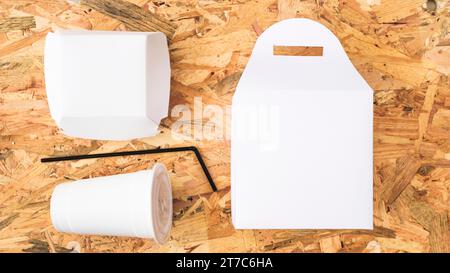 Elevated view white takeaway food wooden background Stock Photo