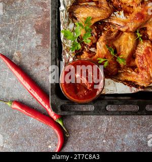 Top view hot chicken wings baking tray Stock Photo