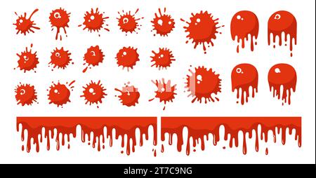 Blood splash or splatter red cartoon set. Stain and splat halloween collection, shapes liquids drop fun splatter. Different horror splashes ink or paint drips down ink. Isolated vector illustration Stock Vector