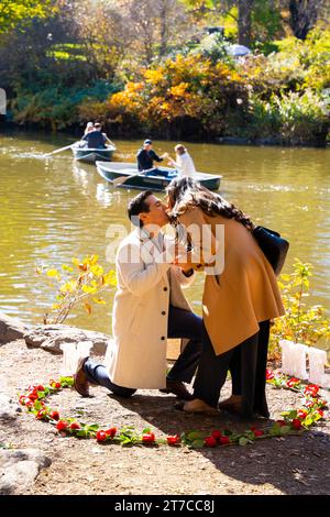 A young man proposes marriage to his girlfriend in Central Park NYC at the great lake on bended knee Stock Photo