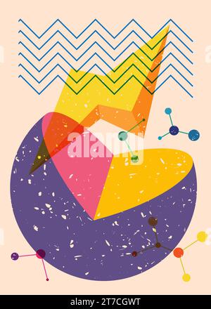 Risograph colorful geometric shapes. Object in trendy riso graph design. Geometry elements abstract print texture style. Stock Vector