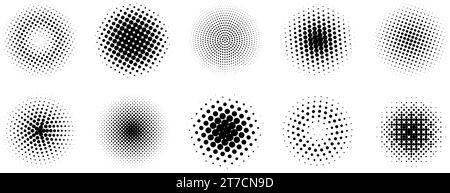 Halftone gradient circles collection. Dots textured round patterns. comic radial faded background set. Abstract pixelated elements for frame, poster, collage, banner, flyer. Vector cartoon bundle Stock Vector