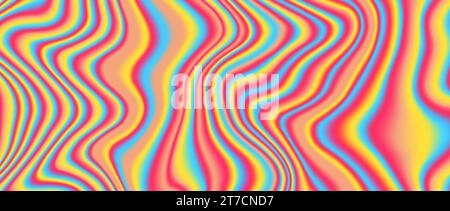 Psychedelic iridescent background. Bright neon holographic wallpaper. Blue red orange yellow wave fluid gradient texture. Vector abstract acid trippy backdrop for banner, poster, cover, overlay, flyer Stock Vector